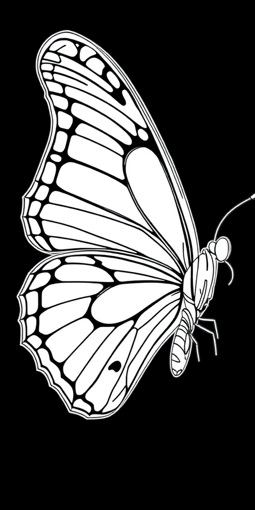 Create a highly detailed line art illustration of a butterfly with intricate wing patterns, using a DSLR camera with a macro lens, aperture set to f/2.8, shutter speed at 1/200 sec, ISO 100, shot from a lateral view for enhanced clarity and depth.