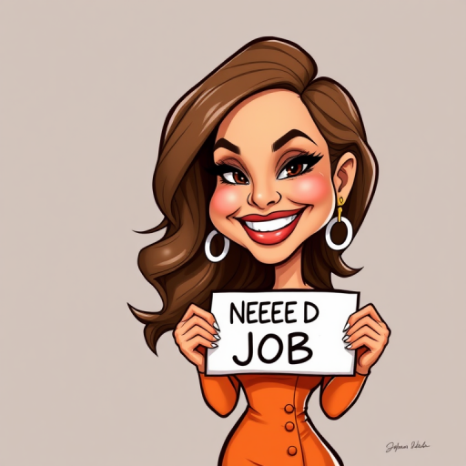caricature of a smiling Jennifer Lopez in a Ochre dress or suit, holding up a sign that says "NEED A JOB", no watermark,