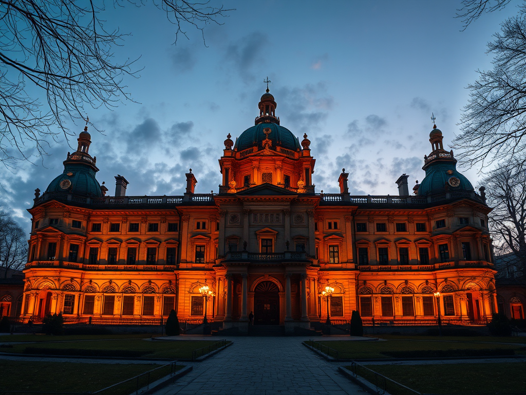 Regenerate a high-resolution image of a historic palace at twilight with a wide-angle view, using a DSLR camera at f/8 aperture, ISO 100, and a shutter speed of 1/30 seconds to capture intricate details and soft lighting.