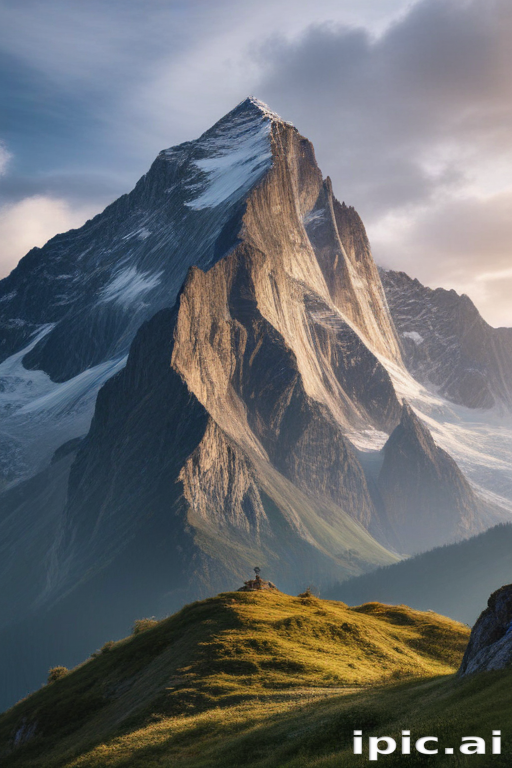 Majestic Mountain Peak Bathed in Golden Sunrise Light Under Dramatic Skies