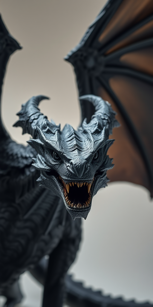 a highly detailed black dragon with large, powerful wings and fierce facial expressions, captured in a low-angle shot with a 50mm lens at f/2.8, ISO 100, soft studio lighting to enhance textures and depth