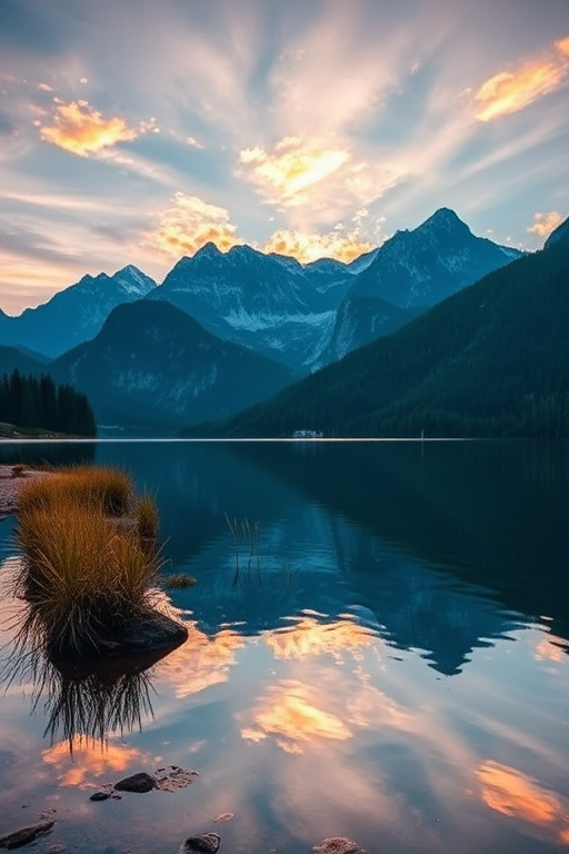 Generate an image of a serene landscape with mountains and a calm lake at sunrise, using a Canon EOS R5 camera with a 24mm lens, aperture f/8, ISO 100, shutter speed 1/100s, in landscape orientation, shot from a low angle to capture reflections on the water, with vibrant colors and high dynamic range.