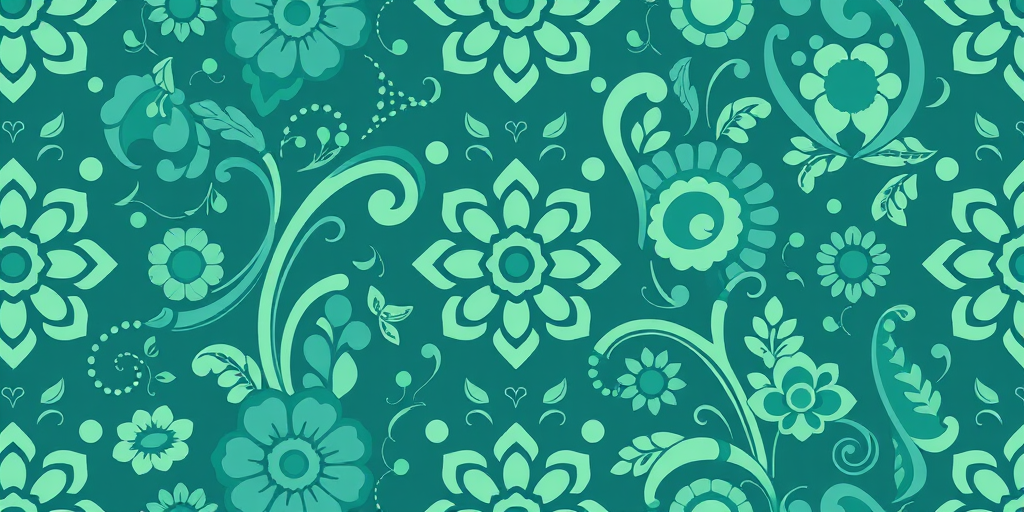 Create a seamless pattern design featuring paisley shapes in varying shades of teal and green, incorporating floral elements and circles, with a soft focus effect, shot with a DSLR camera at f/8 aperture, 50mm lens, and vibrant color settings.