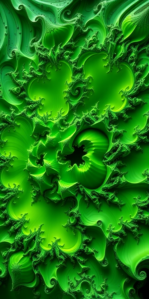 Create an abstract fractal image featuring intricate, organic shapes and a vibrant green color palette, using a Canon EOS R5 camera with a 50mm lens, f/1.8 aperture, ISO 100, and a high dynamic range.