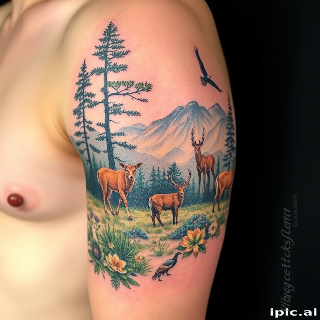 Photorealistic nature tattoo named "Wild Serenity" depicting a hyper-detailed landscape scene with animals and plants so lifelike they appear to be a photograph imprinted on the skin