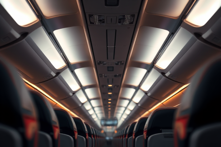 interior view of an airplane cabin showing overhead lights and seats, low angle perspective, aperture f/2.8, shutter speed 1/60s, ISO 800, canon EOS 5D Mark IV, shallow depth of field, warm lighting