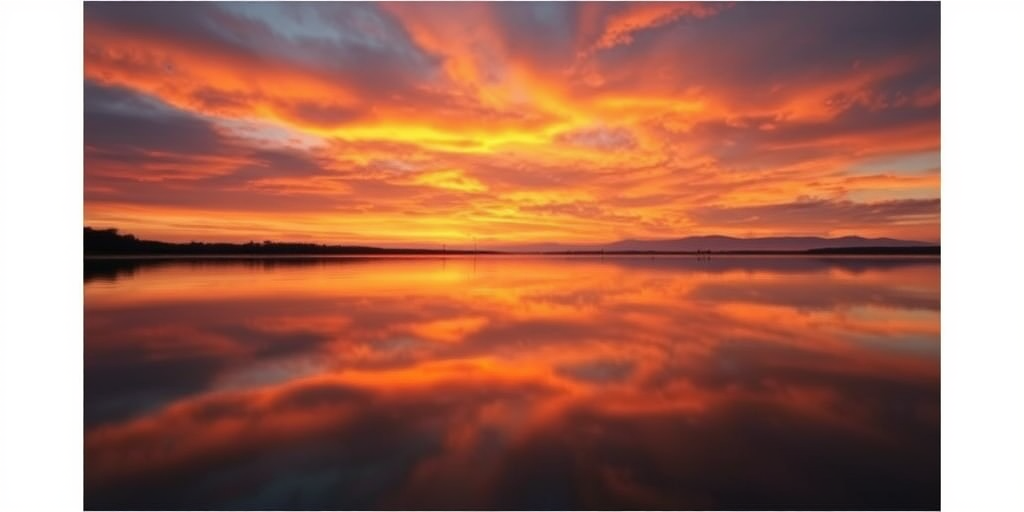 Create an image of a serene landscape at sunset with a vibrant sky and calm water reflections, using a Nikon D850 camera with a 35mm f/1.8 lens, ISO 100, aperture f/8, shutter speed 1/125s, shot from a low angle to enhance foreground details and depth of field.