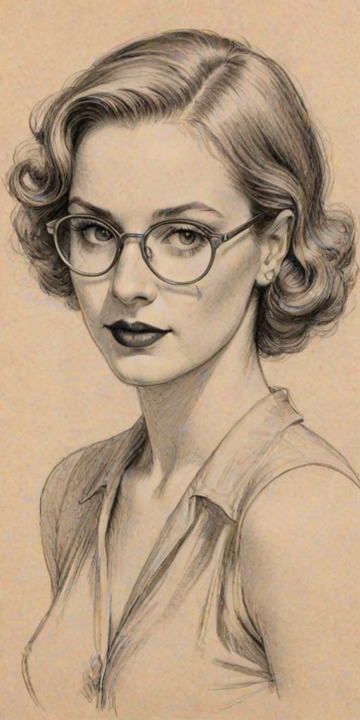 Alluring Zoe Laverne, pencil sketch, portrait of Superb woman 1934s in glasses, hair style beatnik, outline, clear lines, fine lines, 8k