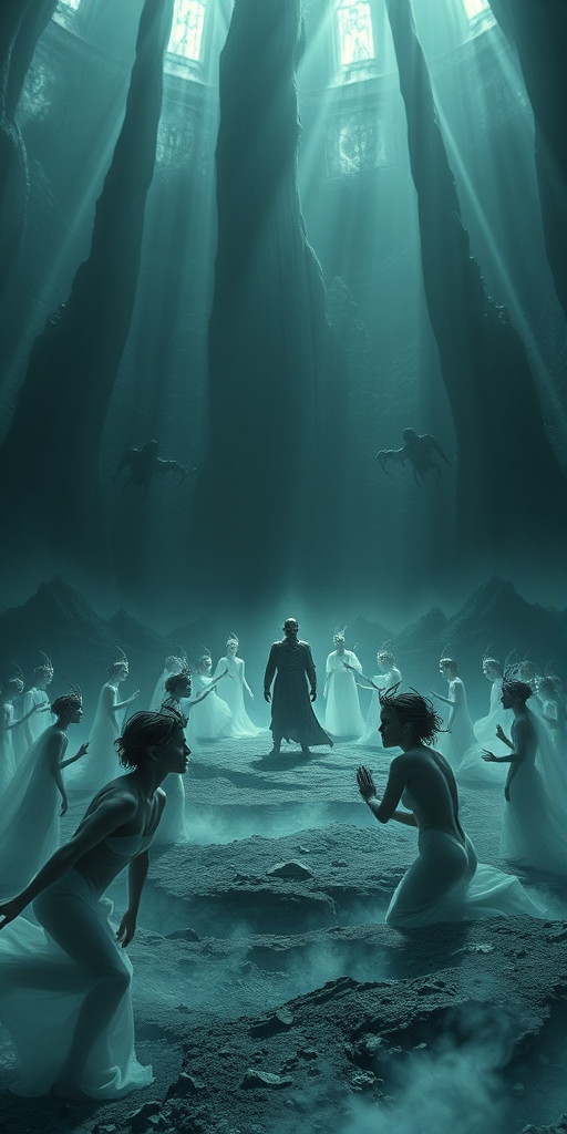 Create a surreal scene of a mythical confrontation between a central figure and ethereal beings amidst a sea of shadowy forms, set in an otherworldly landscape with dramatic lighting and intricate details, taken with a Canon EOS R5 at ISO 100, f/8, 24mm lens, 1/60 sec shutter speed, using a wide-angle perspective to capture the depth and intensity of the scene.