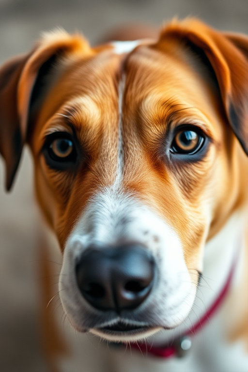 A close-up portrait of a brown and white dog with focused eyes, shallow depth of field, natural light, f/2.8, 1/200s, ISO 100, DSLR camera, 50mm lens, soft background, outdoor setting.