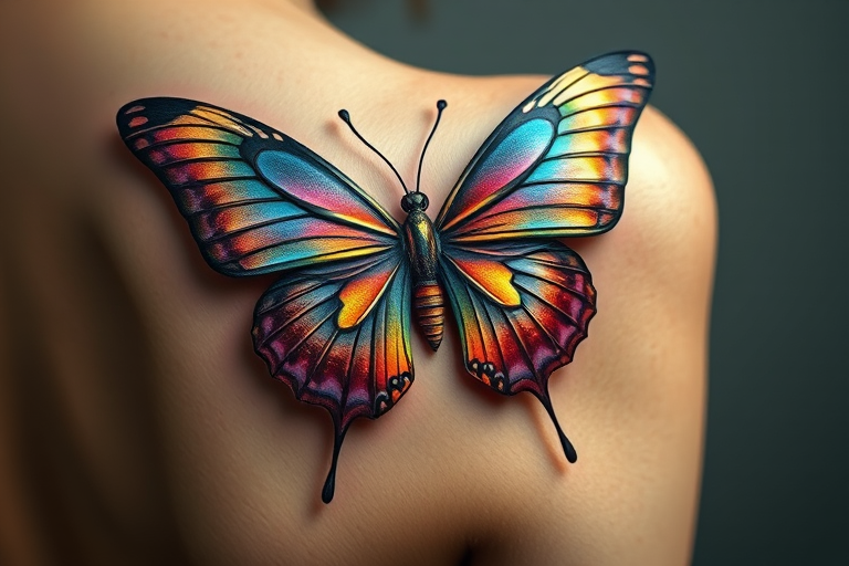Hyper-realistic 3D butterfly tattoo with wings that appear to lift off the skin, showcasing iridescent colors and delicate textures, placed on the shoulder blade for a stunning visual effect