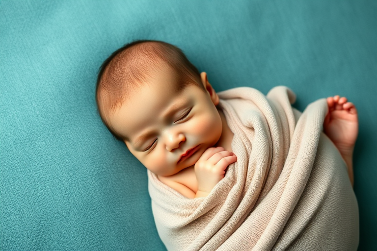 Photograph a peaceful newborn baby swaddled in soft fabric, positioned on a textured teal background, overhead view, natural light, using a Canon EOS R5, 50mm lens, f/1.8, ISO 200, shutter speed 1/125, focus on the baby's serene expression and delicate features.