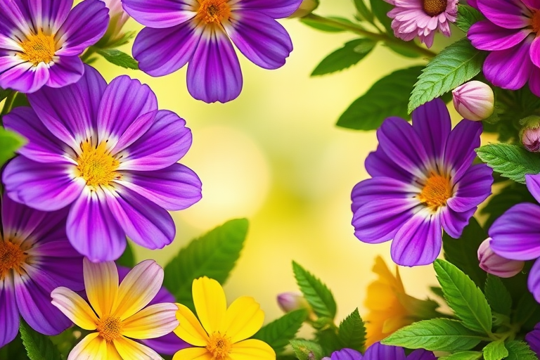 Create a vibrant floral frame featuring purple and yellow flowers with green leaves, high-resolution, f/2.8 aperture, 50mm lens, macro view, digital camera, soft natural lighting.