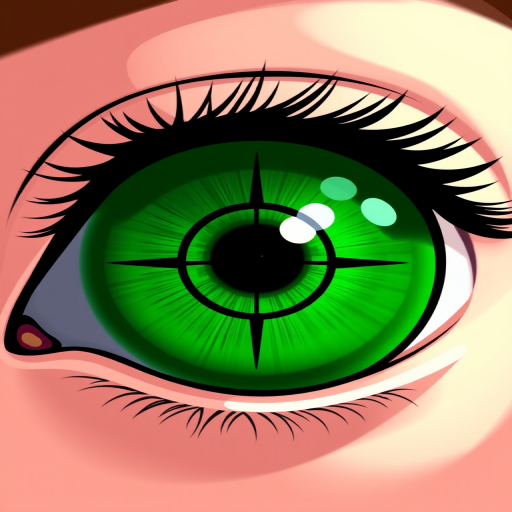 Regenerate an illustration of a stylized eye with a green iris, featuring a focus crosshair overlay, using a high-resolution digital camera, f/2.8 aperture, 50mm lens, and soft focus background for enhanced image quality.