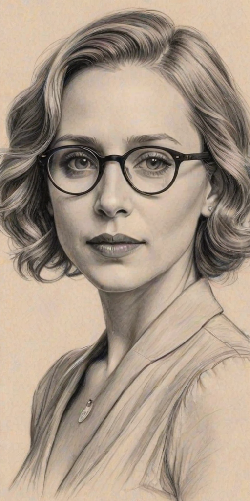 Resplendent Vera Farmiga, pencil sketch, portrait of Radiant woman 1932s in glasses, hair style beatnik, outline, clear lines, fine lines, 8k