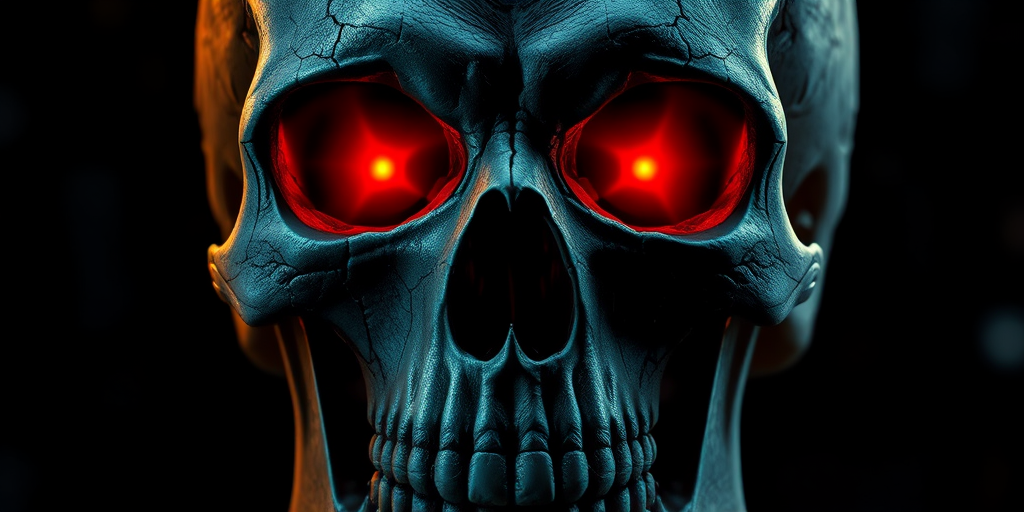 Create a highly detailed illustration of a cracked human skull with glowing red eyes, captured with a DSLR camera at f/2.8 aperture, 50mm focal length, and 1/125s shutter speed, in a close-up view with dramatic lighting and high contrast to enhance texture and depth.