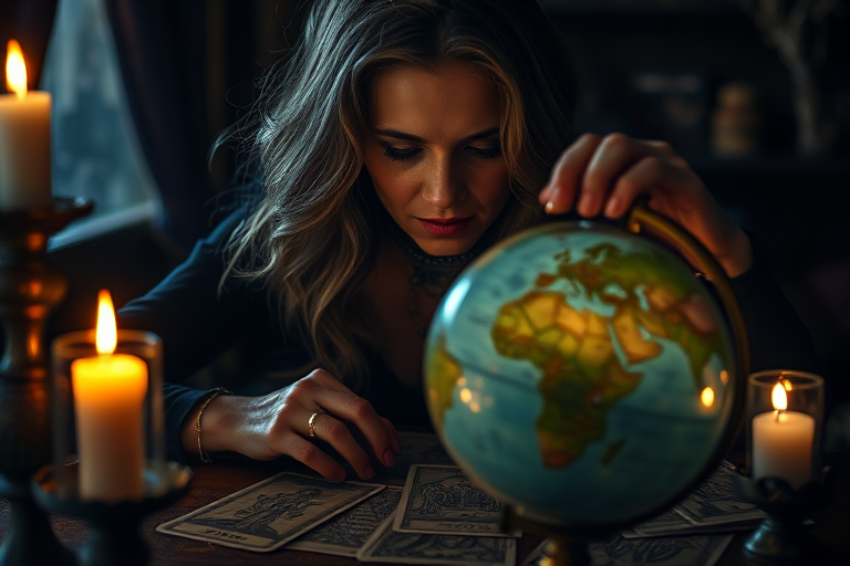 A mystical fortune teller with an ornate globe surrounded by tarot cards, warm candlelight illuminating her face, deep focus, f/1.8 aperture, ISO 100, 50mm lens, soft dramatic lighting, shot in a cozy setting with intricate details.