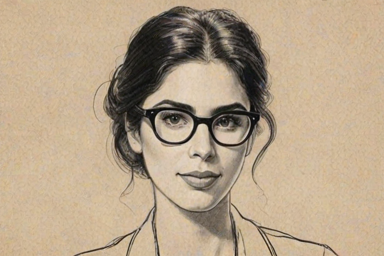 Elegant Sarah Silverman, pencil sketch, portrait of Delightful woman 1923s in glasses, hair style beatnik, outline, clear lines, fine lines, 8k