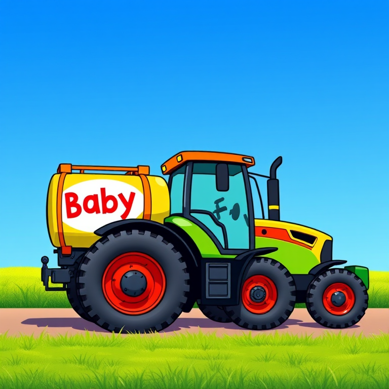 Create a colorful cartoon-style illustration of a tractor pulling a large container labeled Baby Food, use a bright and playful design, set in a clear blue sky background, with a focus on vibrant colors and smooth shapes, shot with a DSLR camera at f/4, 50mm lens, ISO 100, in natural lighting to enhance image quality.