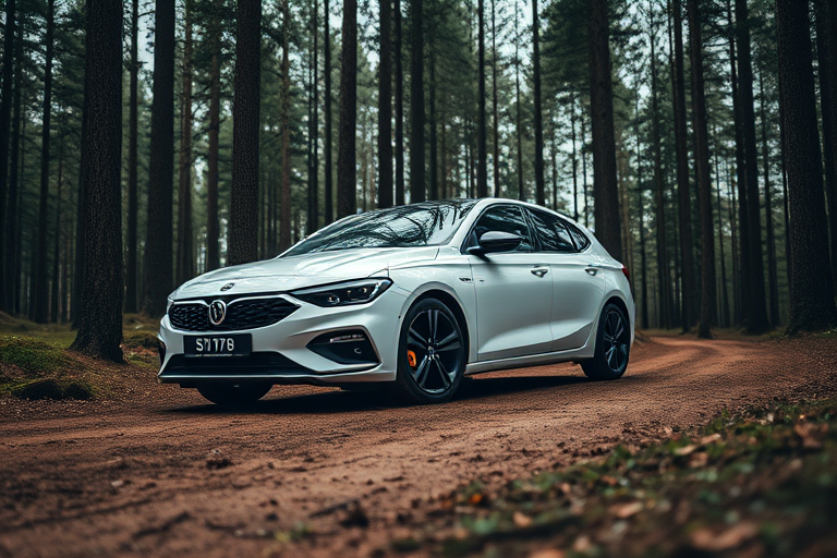 Regenerate an image of a modern white car parked on a forest dirt path surrounded by tall trees, taken with a DSLR camera at f/2.8, ISO 100, 24mm lens, shot from a low angle to emphasize the car and trees in the background, using a soft focus for a cinematic effect.