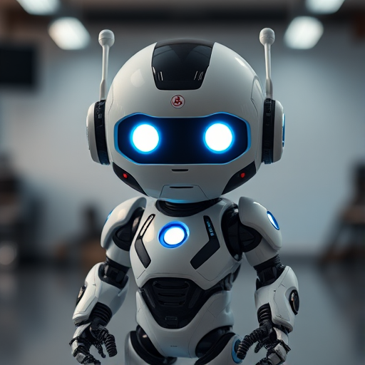 Create a high-resolution image of a cute, futuristic robot with glowing blue eyes, standing in a well-lit studio environment, captured using a DSLR camera with a 50mm lens at f/1.8, ISO 100, and a soft-focus background to enhance subject clarity and detail.