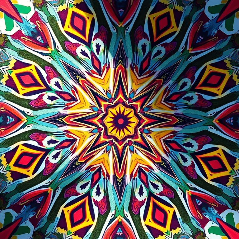 Create a high-resolution image of a stylized geometric pattern with vibrant colors and intricate designs using a Canon EOS R5, 50mm lens, f/1.8 aperture, ISO 100, shot in portrait orientation with soft natural lighting to enhance details.