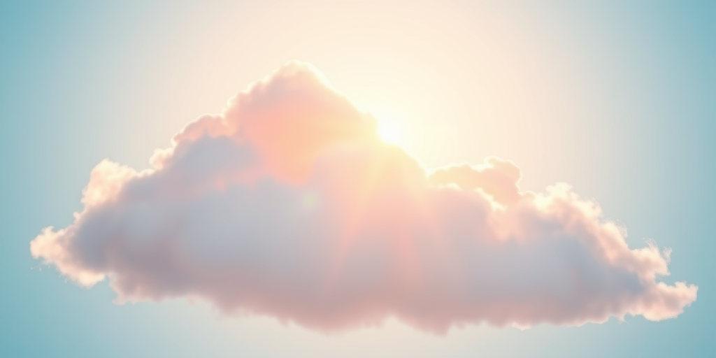 Create a high-resolution digital illustration of a stylized cloud with a bright sun peeking behind it, using a 50mm lens, f/8 aperture, ISO 100, and a soft focus effect for a dreamy atmosphere, emphasize vibrant colors and smooth gradients with a clear blue background.