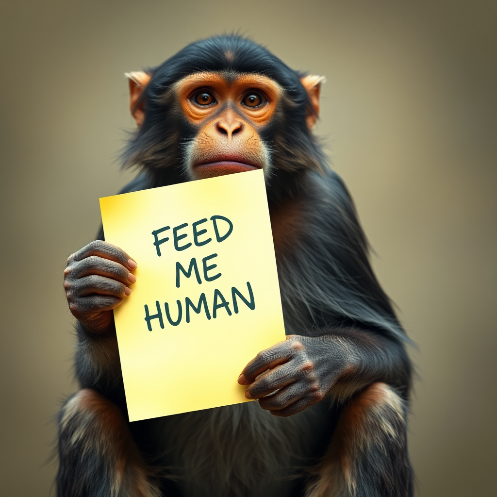 monkey holding a note which says "FEED ME HUMAN"