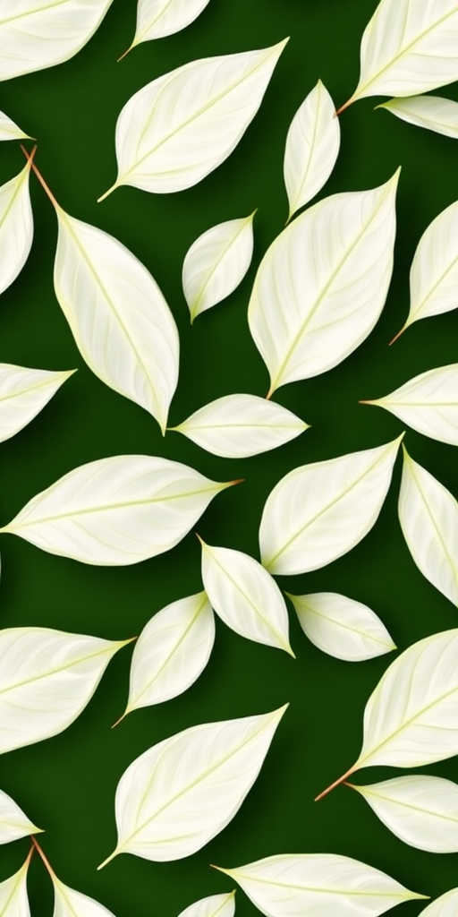 Create a seamless repeating pattern of white botanical leaves on a dark green background with a macro lens at f/4, ISO 100, shutter speed 1/125s, overhead view using a DSLR camera for enhanced detail and clarity.