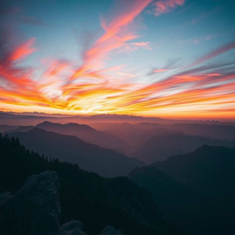 Create a high-resolution image of a serene mountain landscape at sunrise with vibrant colors in the sky, camera settings at f/8, ISO 100, shutter speed 1/125s, viewed from a high vantage point using a DSLR camera with a wide-angle lens for enhanced depth and clarity.