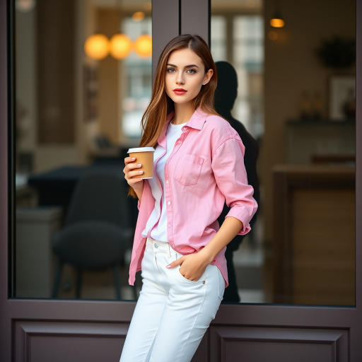 A young woman with long brown hair stands with her back against a glass door, wearing a pink button-down shirt over a white T-shirt and white pants, holding a cup of coffee in her right hand. The woman is looking directly at the viewer, her expression is neutral. Her right hand is tucked into the pocket of her pants while her left hand holds the coffee cup. The lighting is soft and natural, highlighting her features. The background is blurred, with the focus on the woman. The photo is taken from a slightly elevated perspective, showcasing the woman's full figure.