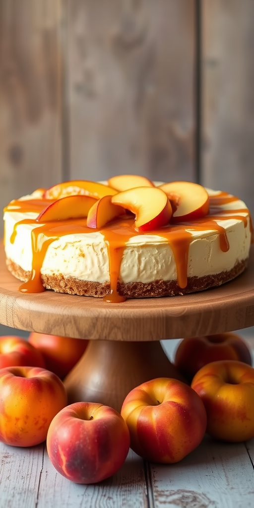 A delicious cheesecake topped with sliced peaches and a caramel drizzle displayed on a wooden cake stand with a rustic background. The cheesecake has a creamy texture, revealing layers of filling and a crumbly crust. Fresh peaches are scattered around the base of the stand, adding a vibrant touch to the scene.