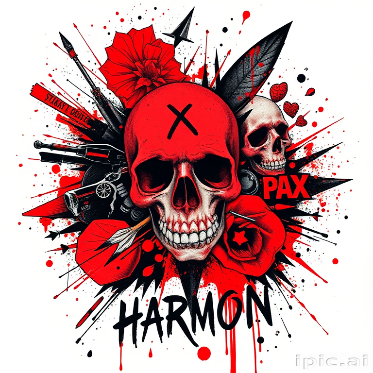 Trash polka tattoo named "Chaotic Harmony" combining bold red and black elements with photorealistic imagery and typographic elements in a dynamic and expressive composition