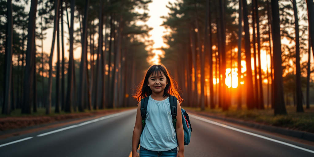 A young girl standing on an empty road surrounded by tall trees at sunset, with a backpack and a serene expression, captured with a Canon EOS R5, f/1.8 aperture, ISO 100, 35mm lens, in a wide-angle view, using a cinematic style with vibrant colors and high contrast.