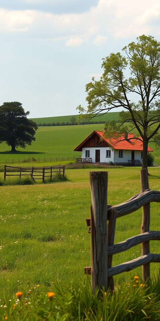 A serene countryside landscape featuring a quaint house with an orange roof amidst a green field with wildflowers, a large tree on the left, and a rustic wooden fence in the foreground; captured with a DSLR camera at f/8 aperture, ISO 200, 24mm focal length, natural light, soft focus for a dreamy effect.