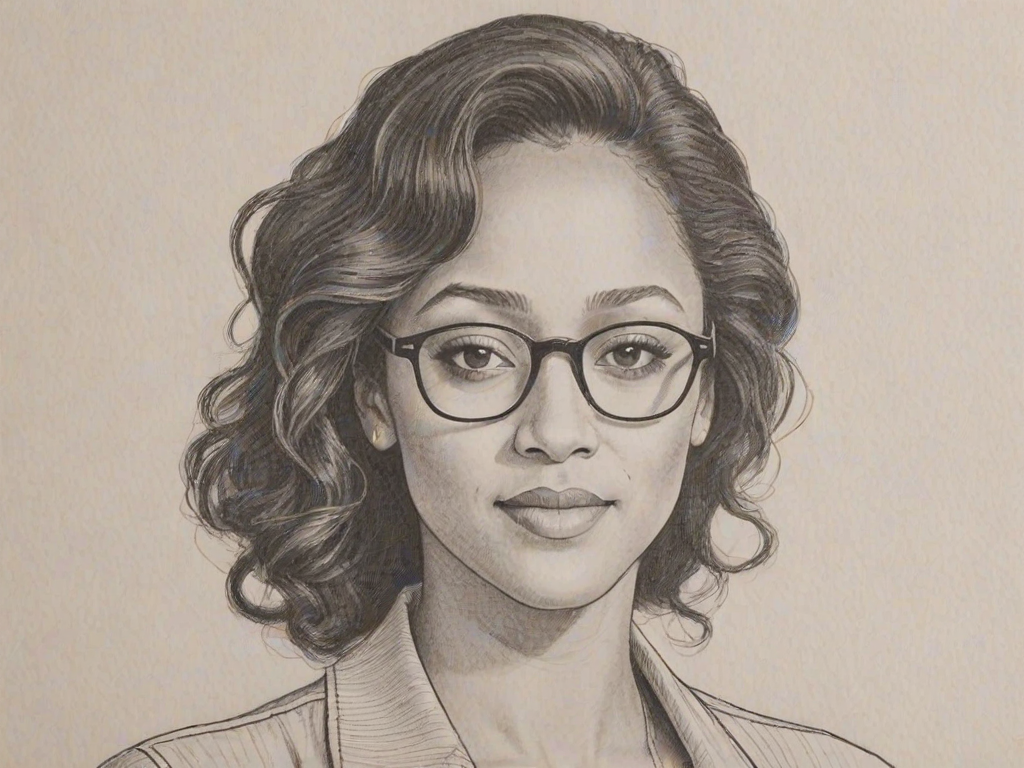 Radiant Tamara Mowry, pencil sketch, portrait of Comely woman 1980s in glasses, hair style beatnik, outline, clear lines, fine lines, 8k