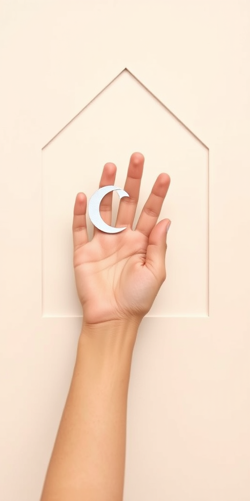 create an image of a hand reaching through a geometric cutout, delicately holding a crescent moon, with a minimalist background in soft beige tones, captured using a Canon EOS R5 at f/8, ISO 100, in flat lay style with natural lighting
