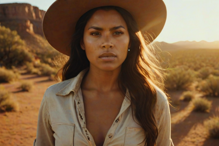 Dramatic photo of a beautiful Aboriginal Australian woman, classic cowboy attire, confident and free spirit expression, half-length portrait, centered, golden hour desert landscape, warm, diffused light, low angle, medium format film camera, in style of Annie Leibovitz.