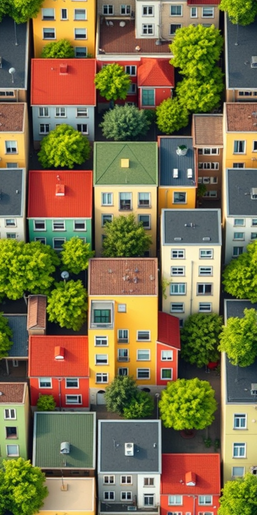 Create a seamless vector pattern of colorful urban buildings with trees and street lamps, using a top-down view with a 50mm lens, f/8 aperture, ISO 200, and natural lighting to enhance clarity and detail.