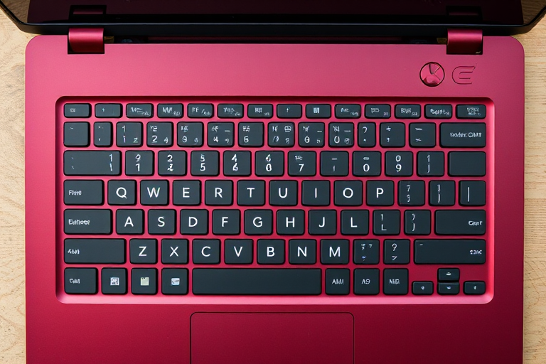 top-down view of a maroon laptop keyboard with detailed keys, high-resolution, f/2.8 aperture, 1/60s shutter speed, ISO 100, DSLR camera, natural lighting, flat lay style