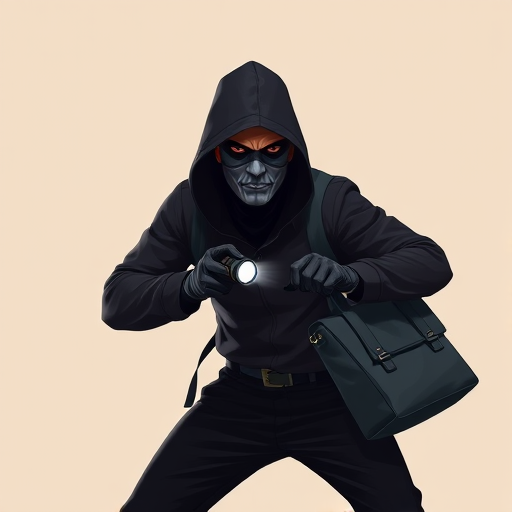 Create a high-resolution illustration of a masked burglar in a black outfit, holding a flashlight and a bag, mid-action pose, set against a minimalist light beige background, using a DSLR camera with a 50mm lens, f/2.8 aperture, 1/200 sec shutter speed, and soft studio lighting for enhanced clarity and depth.