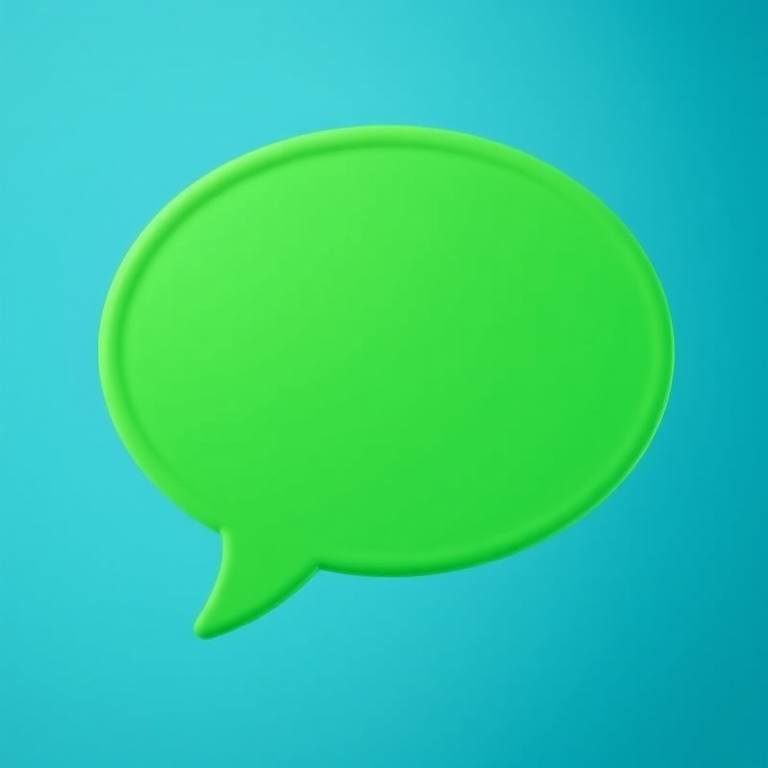 create a 3D green speech bubble on a gradient blue background, use a Canon EOS R5 with a 50mm lens, aperture f/2.8, shutter speed 1/100s, ISO 100, soft lighting, high-resolution view, focused on the bubble