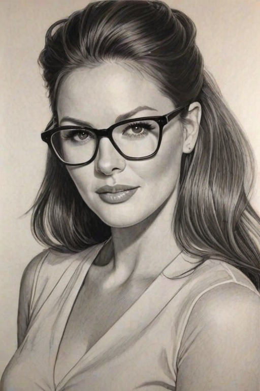 Fascinating Danneel Ackles, pencil sketch, portrait of Elegant woman 1962s in glasses, hair style beatnik, outline, clear lines, fine lines, 8k