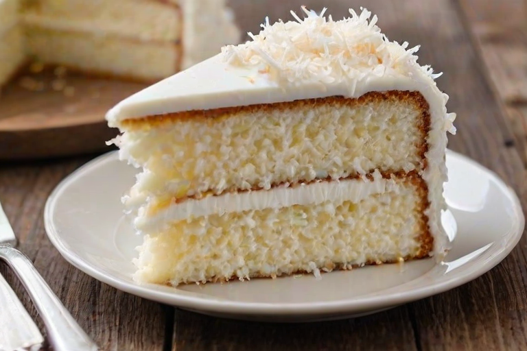 Create an image of a slice of a layered white cake with a smooth cream filling. The cake should have a fluffy white frosting topped with shredded coconut and decorative coconut balls. Set the slice on a white plate, showcasing the layers and the texture of the frosting. Include a blurred background of the whole cake on a rustic wooden table.