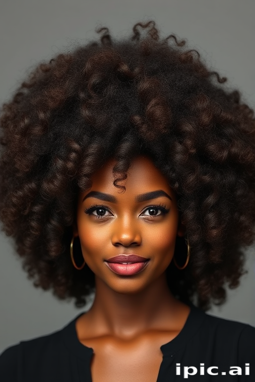 Luscious chocolate brown curls styled in a voluminous afro, celebrating natural texture and embracing the beauty of kinky coils in the empowering "Crown of Glory" look