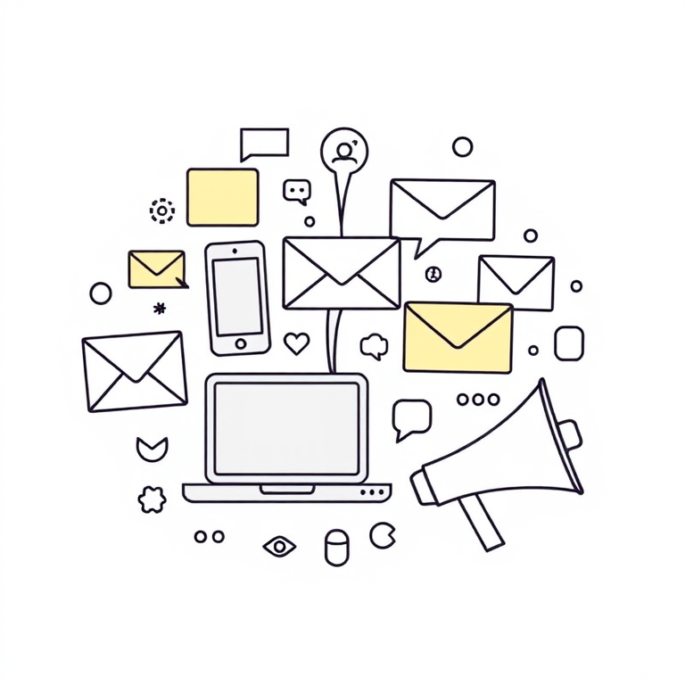 Create a detailed vector illustration of communication icons including chat bubbles, a smartphone, an envelope, a laptop, a telephone, and a megaphone in a minimalistic style, using a DSLR camera with a 50mm lens at f/1.8, ISO 100, and a soft-focus background for a clean look.
