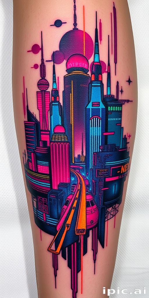 Cyberpunk-inspired tattoo called "Neon Nexus" depicting a futuristic cityscape with glowing neon accents and holographic elements, combining bold linework with subtle color gradients