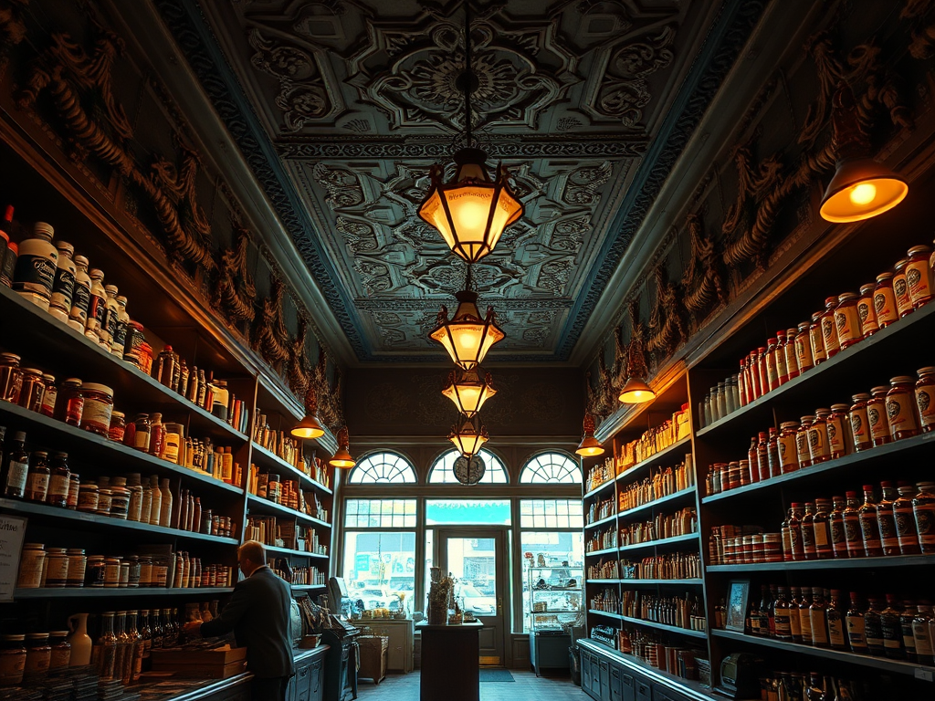 interior of a vintage pharmacy with ornate details and shelves filled with products, warm ambient lighting, DSLR camera, f/4 aperture, 1/60 sec shutter speed, ISO 200, 35mm lens, wide-angle view, high resolution