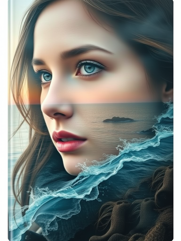 this photo is Book cover, A surreal double exposure portrait that blends a woman's face with a beautiful seascape. The overall mood is dreamy and mystical, with rich colors and intricate details
