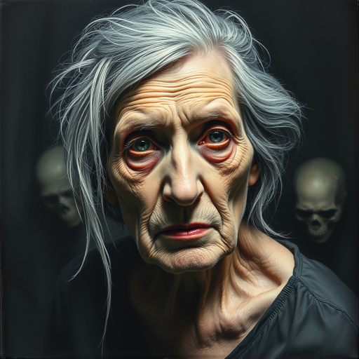 Final exit party. Dark Moody impasto dark picture edges. old woman. grey untidy hair streaked with white and pastel muted colours. include whole head and neck and shoulders. death lurks in the background.